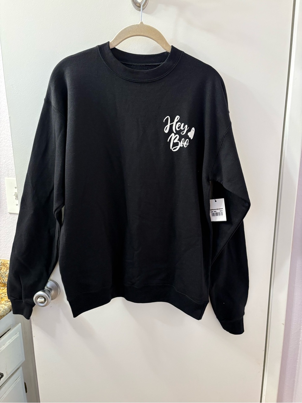 Pure Barre Black Crewneck Sweatshirt with White 'Hey Boo' Script - women PTP 21-
